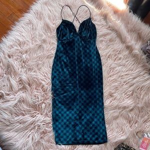 Green and Black Checkered Velvet dress with criss cross back